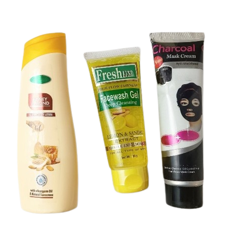 PM HoneyAlmondBody Lotion with Lemon and Sandal Facewash Gel & Charcoal Face Mask