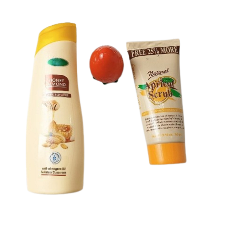 PM HoneyAlmondBody Lotion With Strawberry Lip Balm & Natural Apricot Scrub